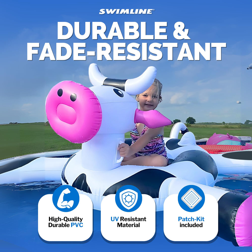 Swimline LOL Cow float base and legs emphasize stability for safe lounging.