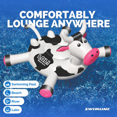 Swimline LOL Cow float in pool scene demonstrates spacious lounging for friends.