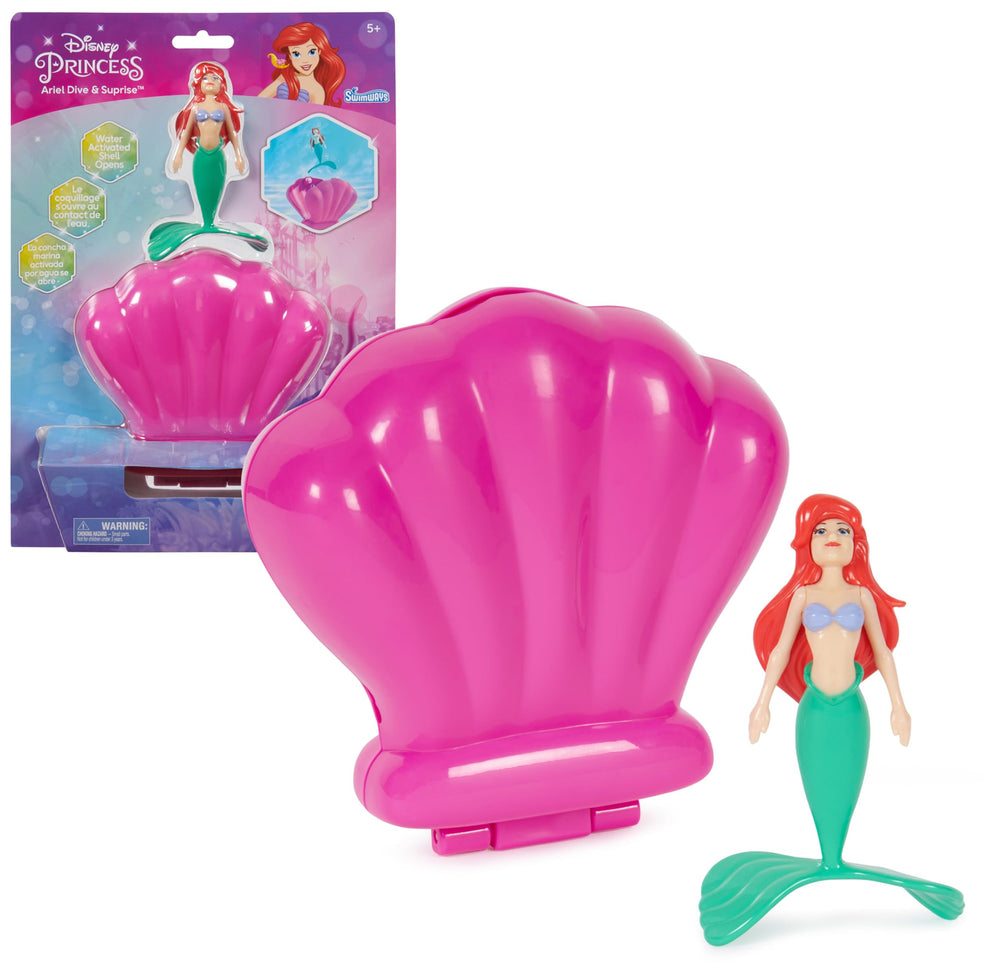 SwimWays Ariel Dive N’ Surprise shell enclosure opening to reveal the mermaid figure for pool fun.