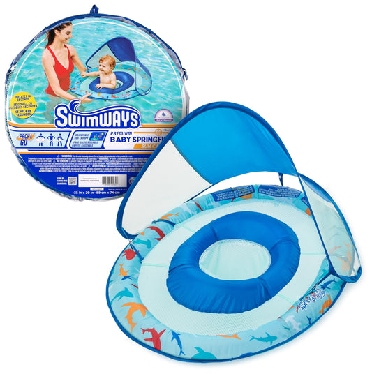 SwimWays Baby Spring Float Shark inflated shows stability and safe water introduction for curious toddlers.
