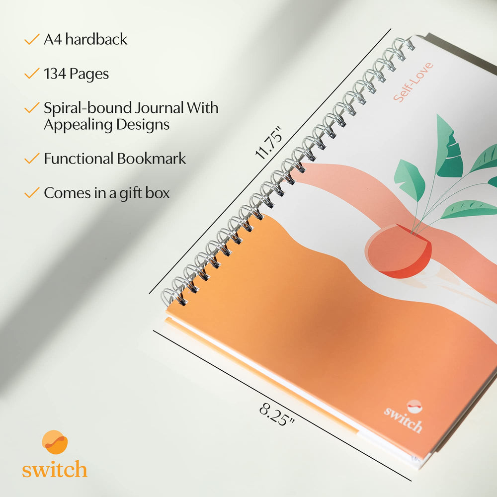 Switch Research Self-Love Journal pages inside show guided prompts for mindfulness.