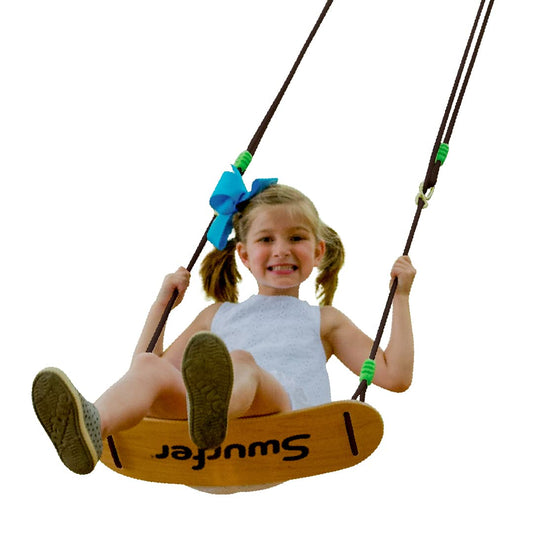 Swurfer Sway Wood Tree Swing front view shows maple deck for backyard play.