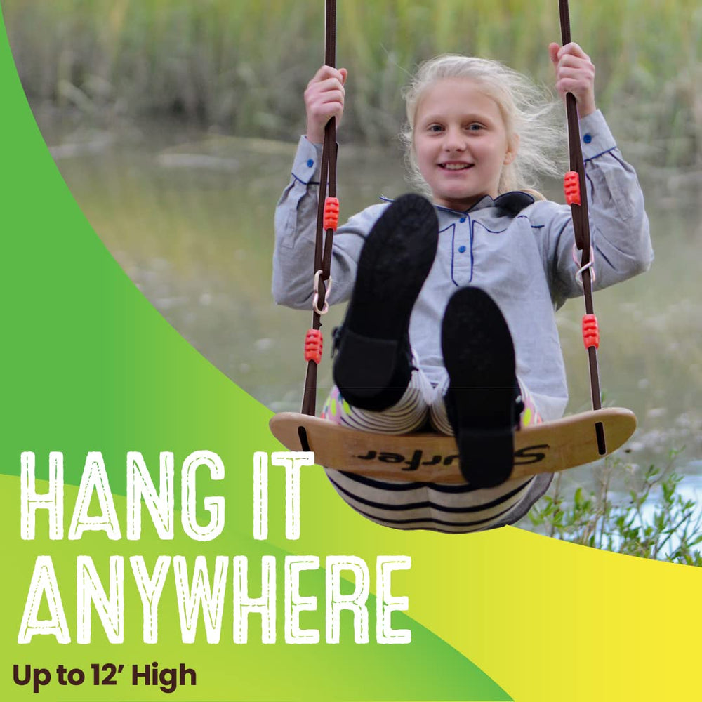 Swurfer Sway Wood Tree Swing soft braided rope in action for easy grasp.