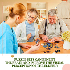 Syhood large-piece puzzles with animals foster patience and problem-solving in seniors.