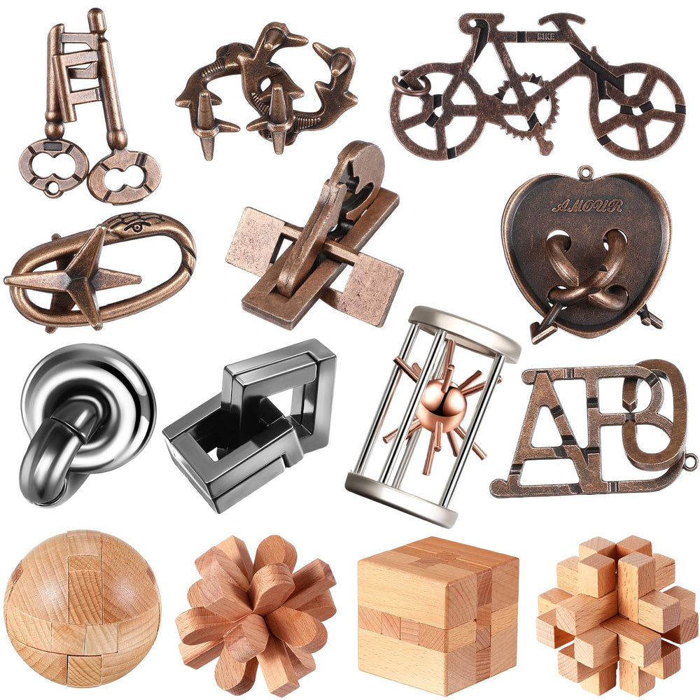 Syhood 14-piece metal brain teaser set close-up of interlocking pieces for adults