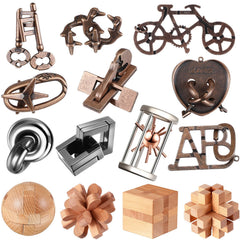 Syhood 14-piece metal brain teaser set close-up of interlocking pieces for adults