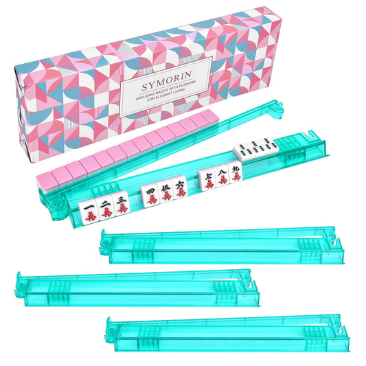 SYMORIN non-slip mahjong racks with pushers on a green 4-pack set for stable rounds