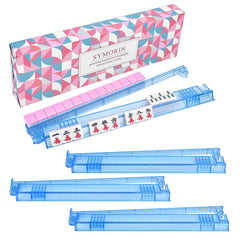 SYMORIN non-slip mahjong racks with pushers in blue keep tiles steady during play.