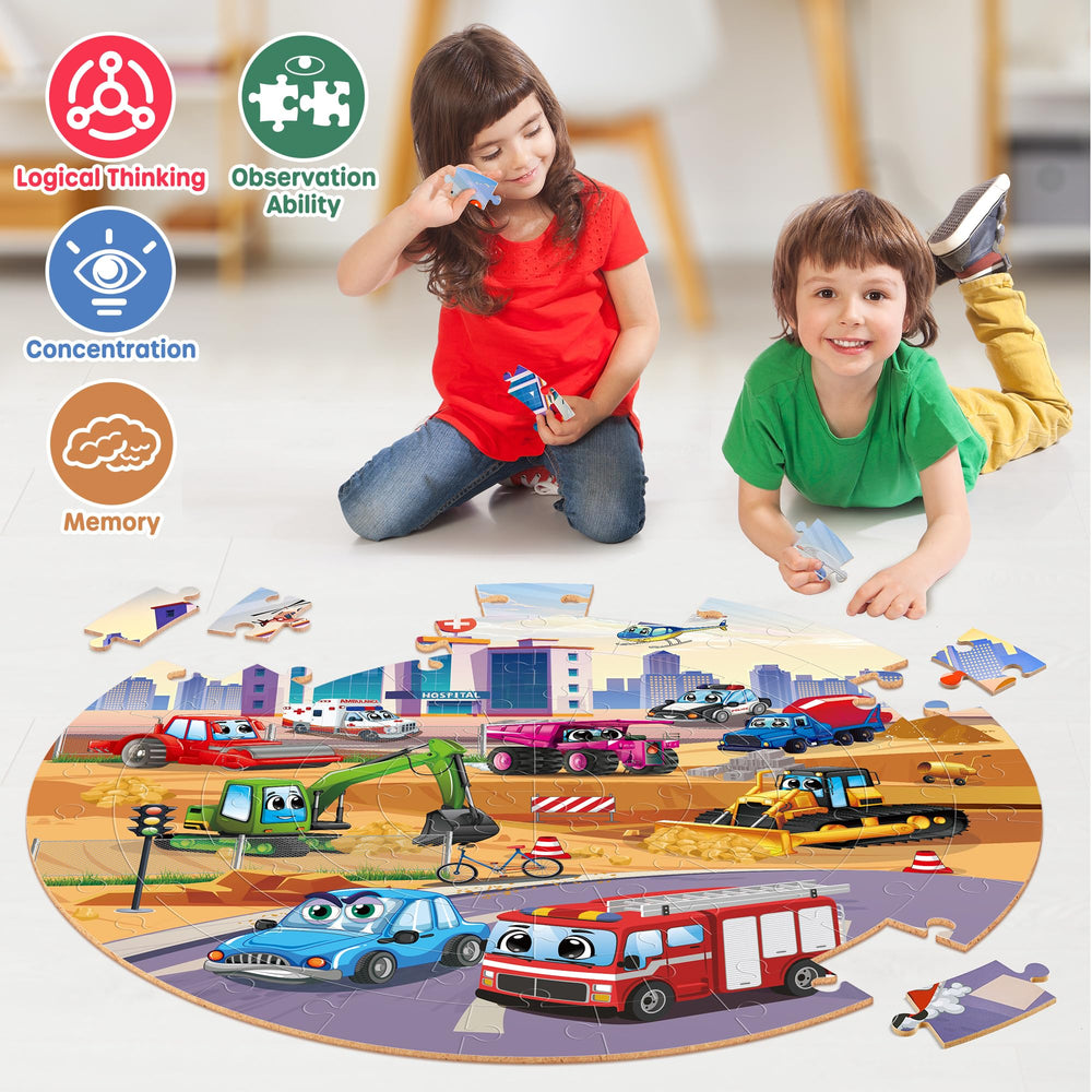 A child happily arranges pieces on the SYNARRY floor puzzle.