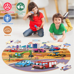 A child happily arranges pieces on the SYNARRY floor puzzle.