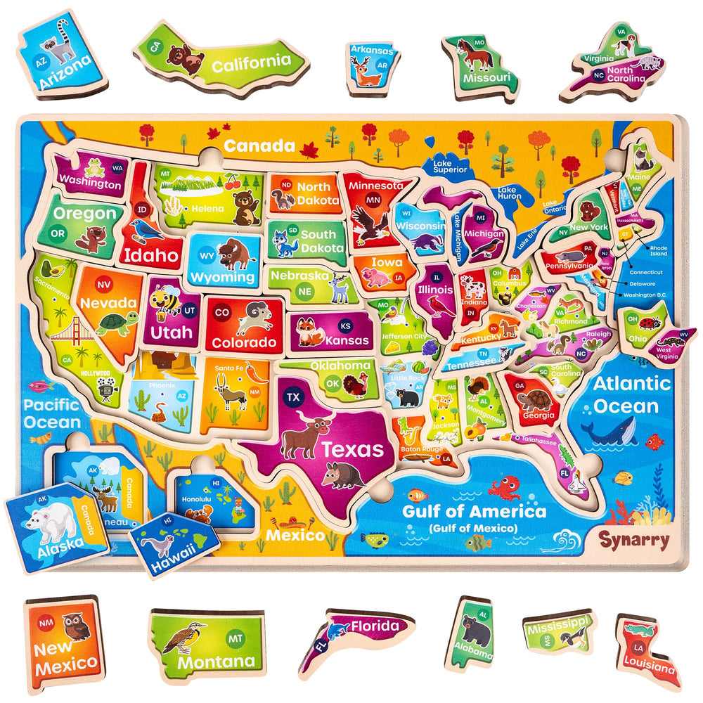 SYNARRY Large USA wooden puzzle helps kids learn the map through play.