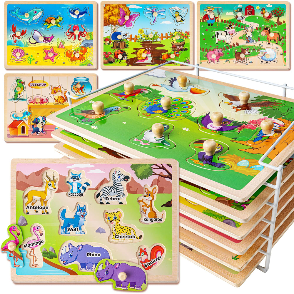 SYNARRY wooden animals puzzle set with rack promotes fine motor skills and organized play.