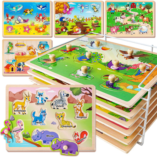 SYNARRY wooden animals puzzle set with rack promotes fine motor skills and organized play.