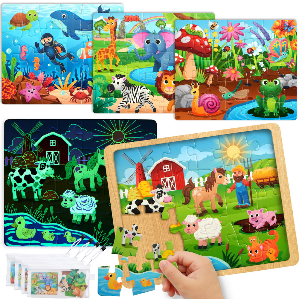 SYNCFUN 4-in-1 Farm puzzle with bright animals supports early problem-solving during play.