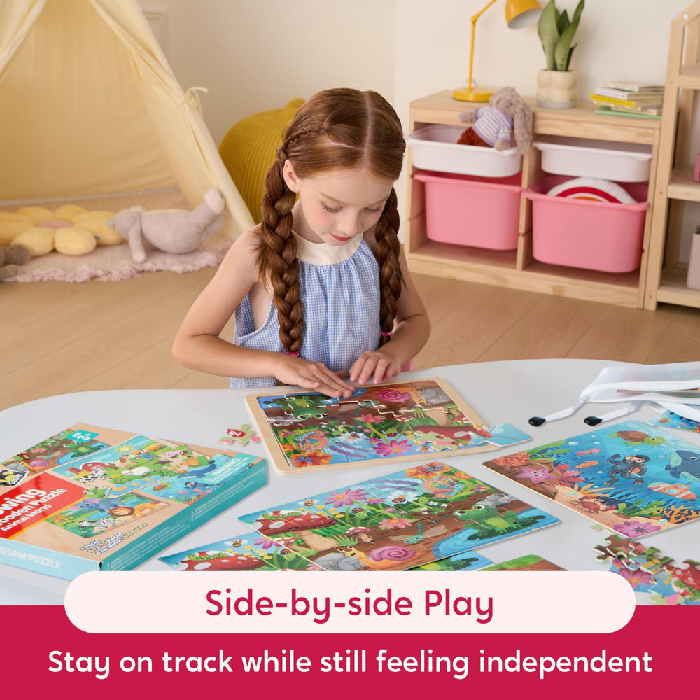 SYNCFUN puzzles include a built-in frame to hold pieces steady.