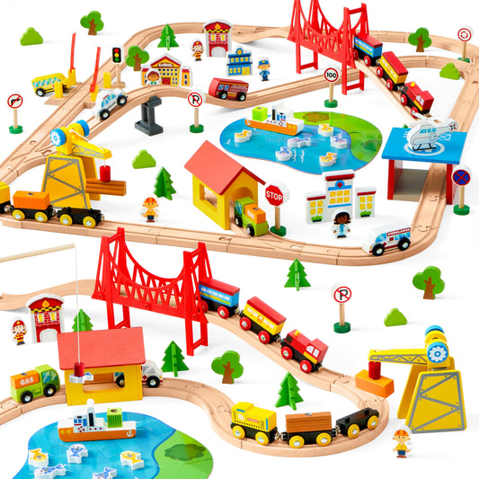 SYNCFUN wooden train tracks and trains for creative city play.