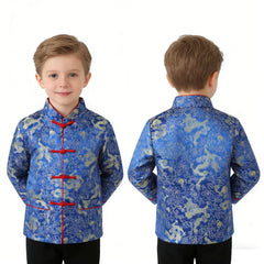 SZCQ dragon tang coat front view with blue fabric and traditional stand collar