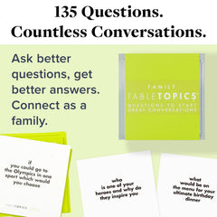 TableTopics 135-question card set displayed for kids and parents to spark curiosity.