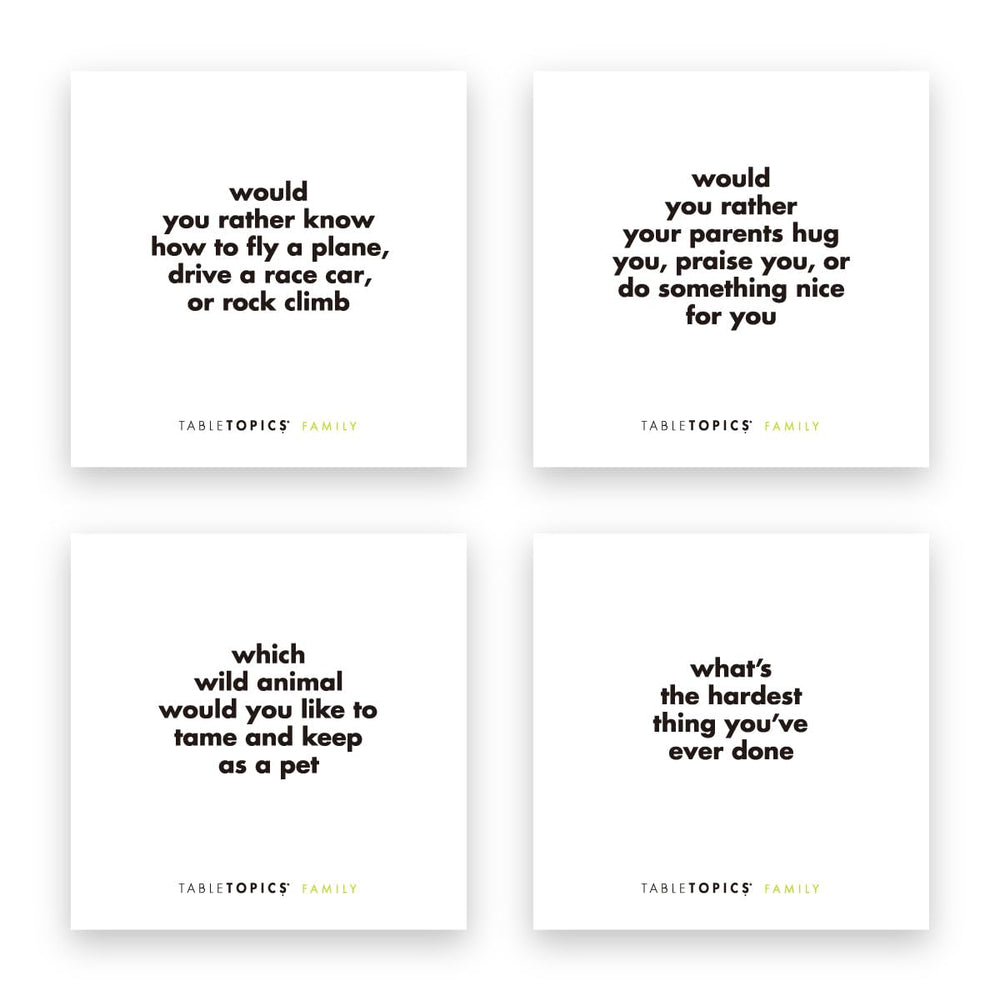 Dinnertime prompts from TableTopics promote attentive listening and connection.