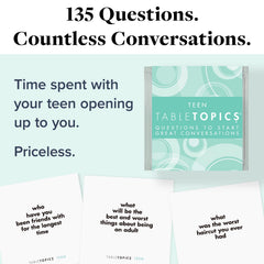 TableTopics teen prompts spread across a dining table for family talks