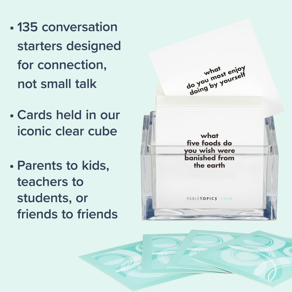 Stack of TableTopics teen cards ready for quick prompts