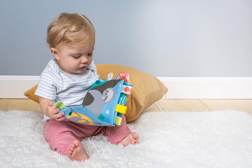 Taggies book with attached tags supports exploration and soothing tactile moments.