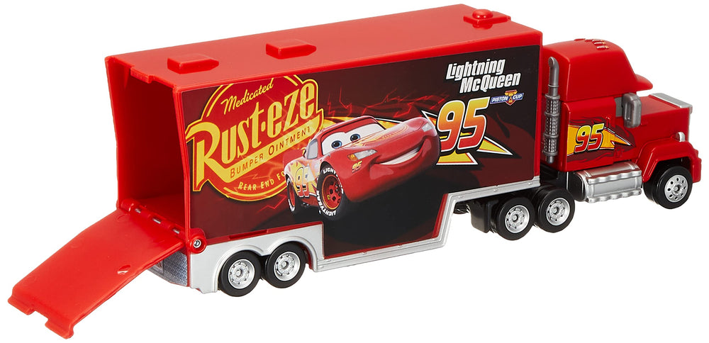 Takara Tomy Mack toy car side view, showcasing authentic detailing and color.