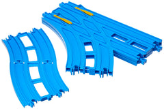 TAKARA TOMY Plarail double track turn-out rail shows left input option for flexible layouts.