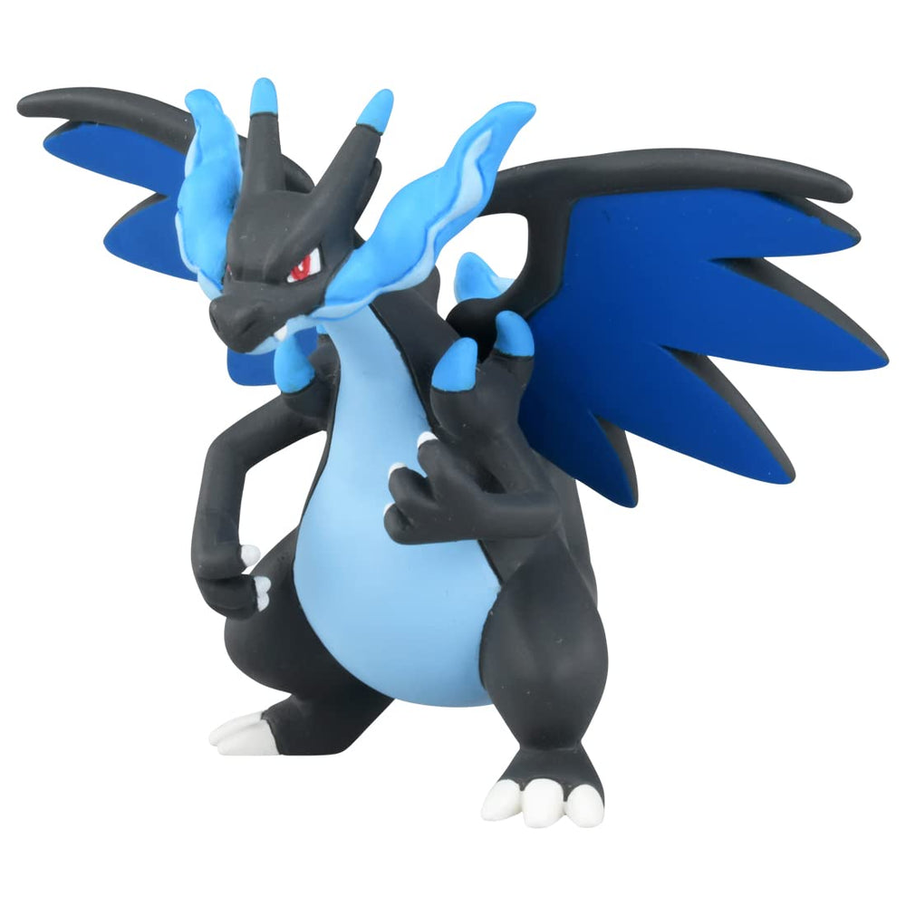 Takara Tomy Moncolle Mega Charizard X front view for display.