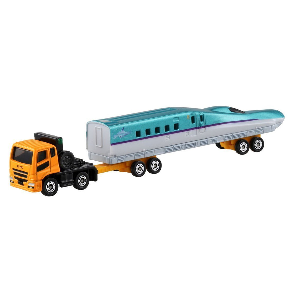 Takara Tomy Tomica Mitsubishi Fuso Super Great H5 with Shinkansen Hayabusa transport for imaginative play.