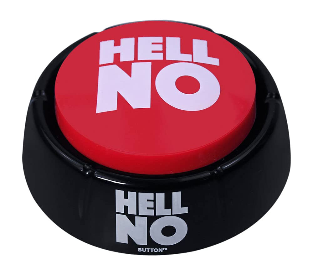 Talkie Toys Hell No Button pressed in hand for quick office humor.