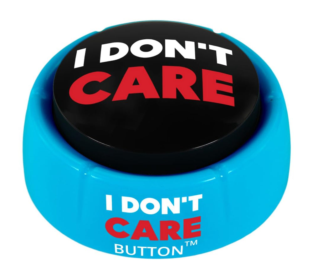 Talkie Toys I Don't Care Button on a desk for quick office humor and stress relief.