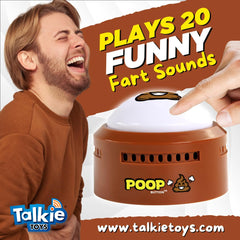 Talkie Toys Poop Button shown in prank setup scenario for instant humor.