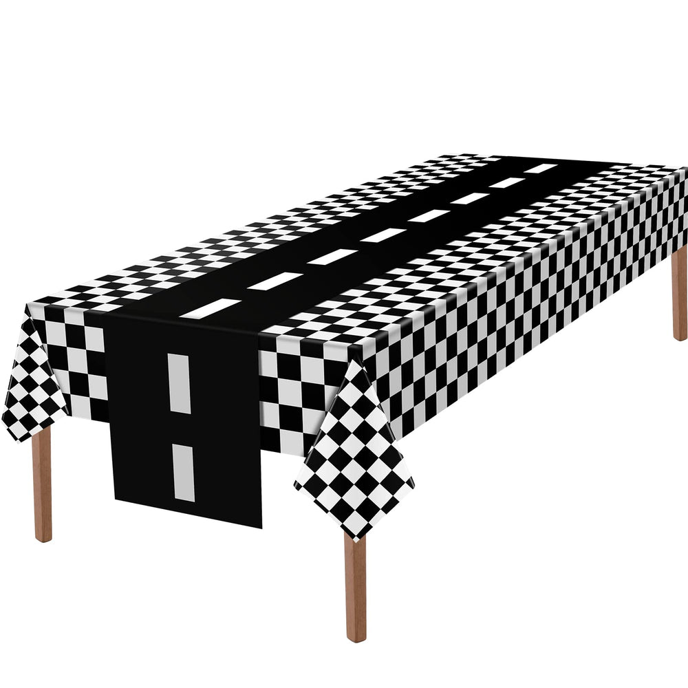 Tallew black and white checkered tablecloth protects surfaces with racing style