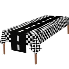 Tallew black and white checkered tablecloth protects surfaces with racing style