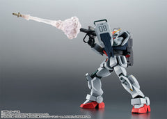 TAMASHII NATIONS 08th MS Team shoulder armor adds enhanced silhouette for RX-97(C) ver shelf display.