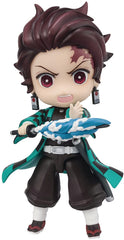 Tamashii Nations Demon Slayer Tanjiro Water Breathing mini-figure close-up eyes showcasing lifelike detail for display.