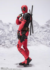 TAMASHII NATIONS Deadpool figure with dynamic pose option for photography.
