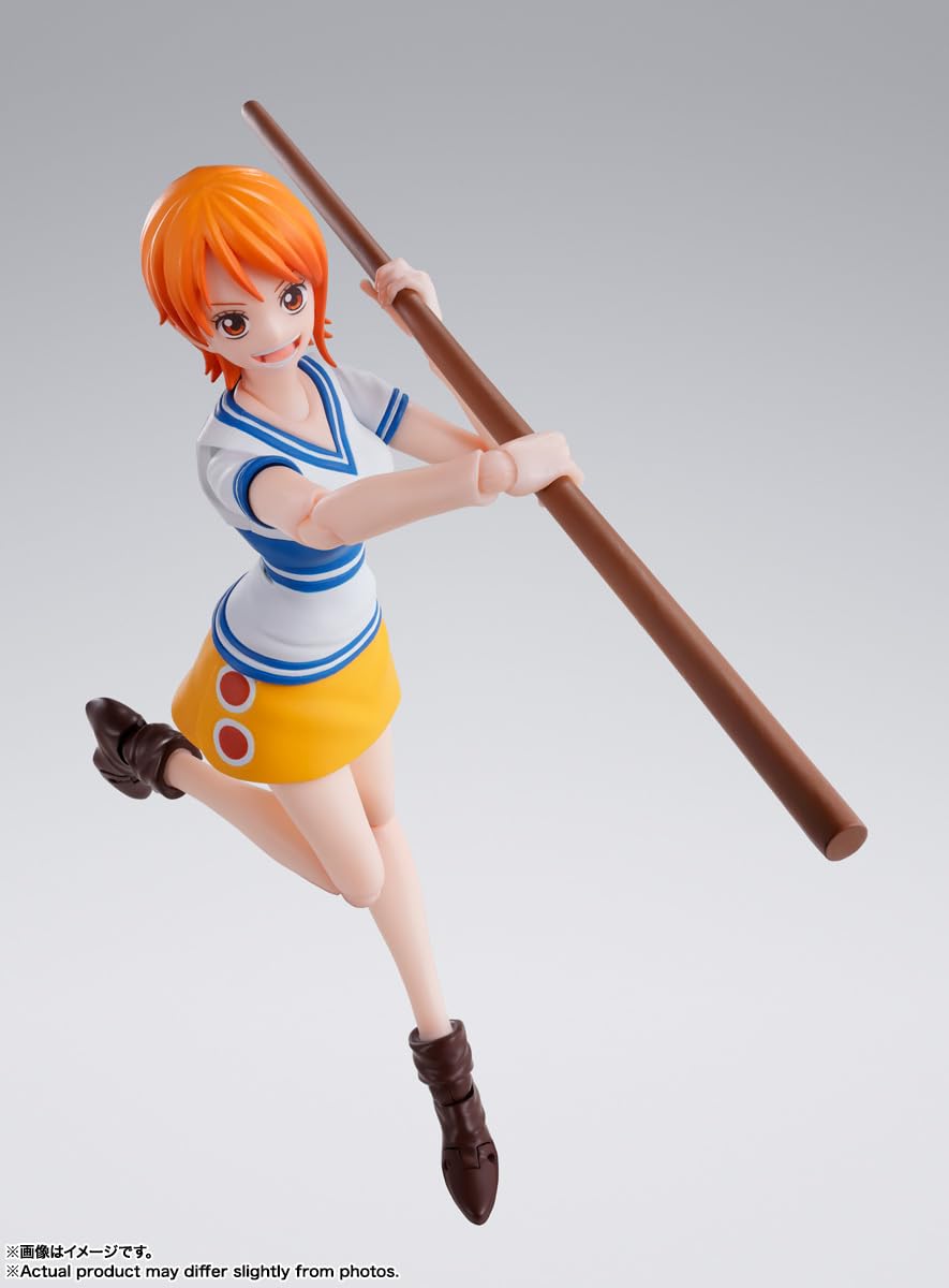 Tamashii Nations Nami Romance Dawn figure mid-action pose for display.