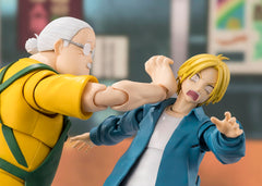 Close up detailing highlights craftsmanship of TAMASHII NATIONS Sakamoto Taro figure.