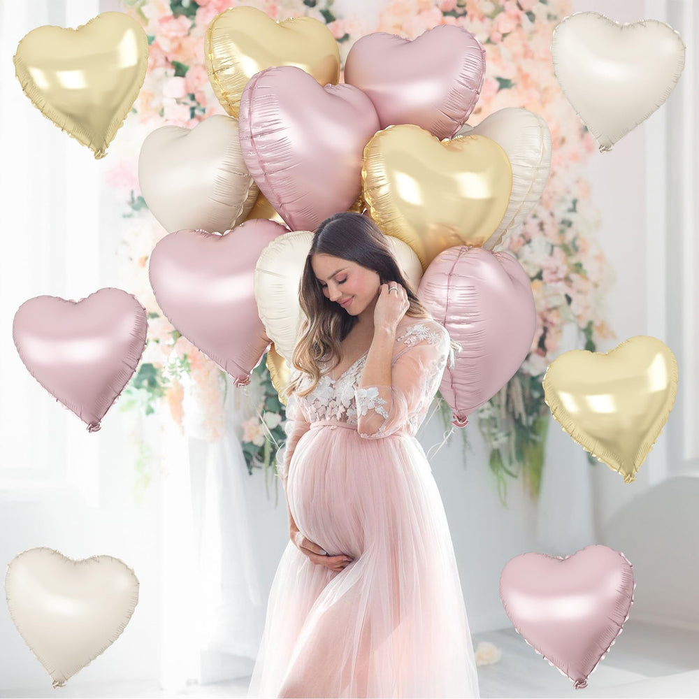 TAOYE party setup featuring dusty pink heart balloons.