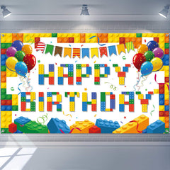 Tatuo building block birthday banner enhances kids party photos with vibrant colorful blocks