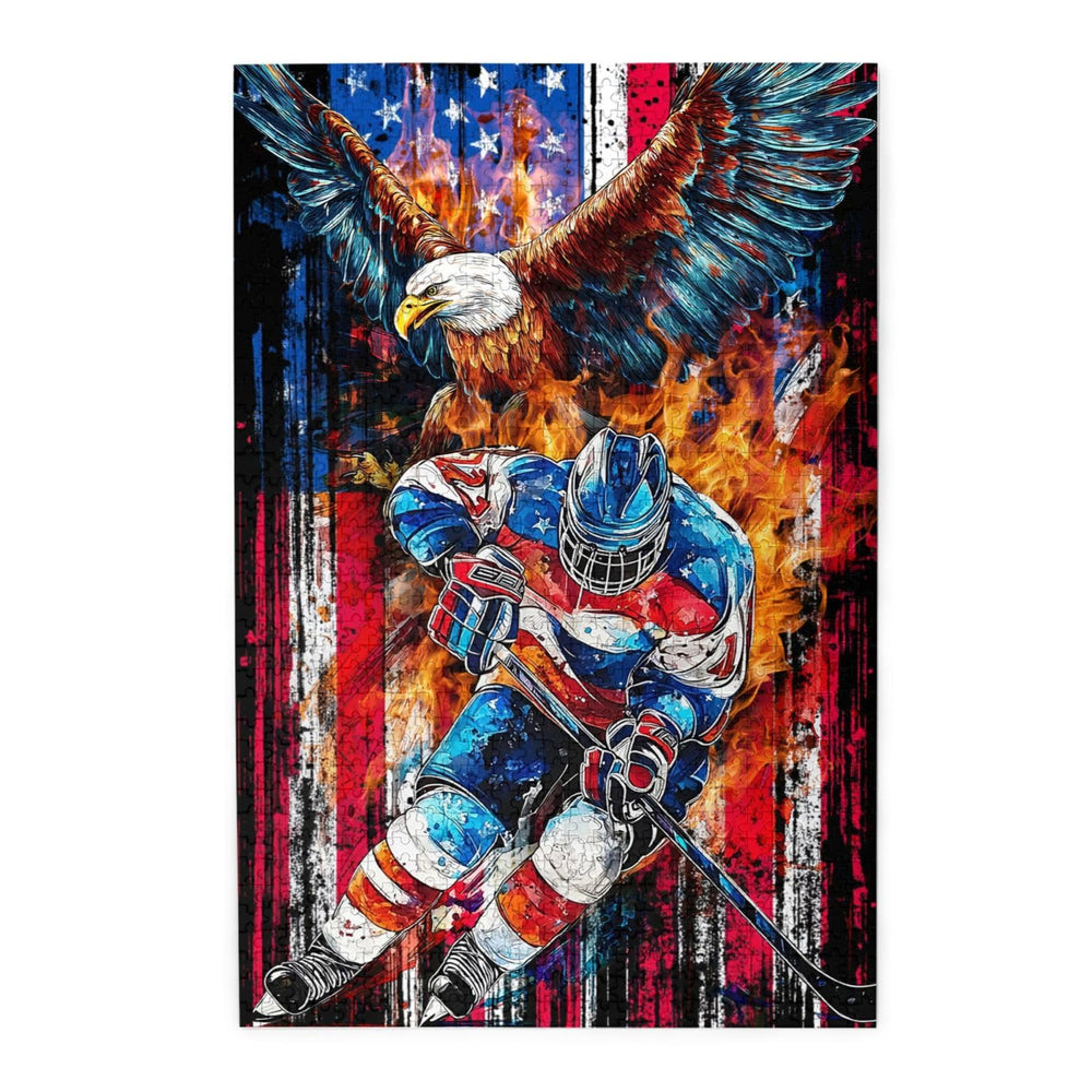 TavoIinda hockey puzzle shows American flag, ice hockey, and eagle design for a patriotic challenge