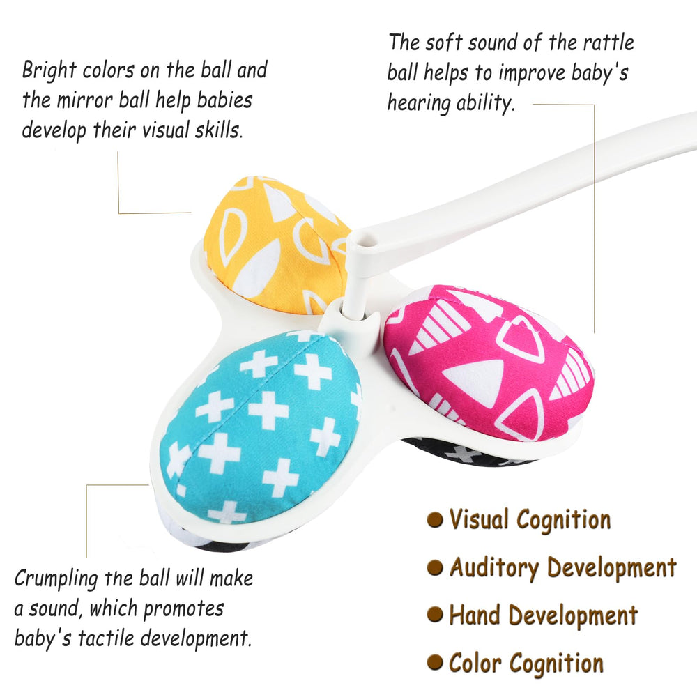 Tayerop Mamaroo bell ball emits a gentle ring for auditory curiosity.