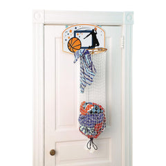 Taylor Toy basketball hoop laundry hamper mounted on a door for easy laundry.