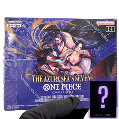 TCG Fabrik OP14 Azure Seas Seven booster box displayed for collectors.
