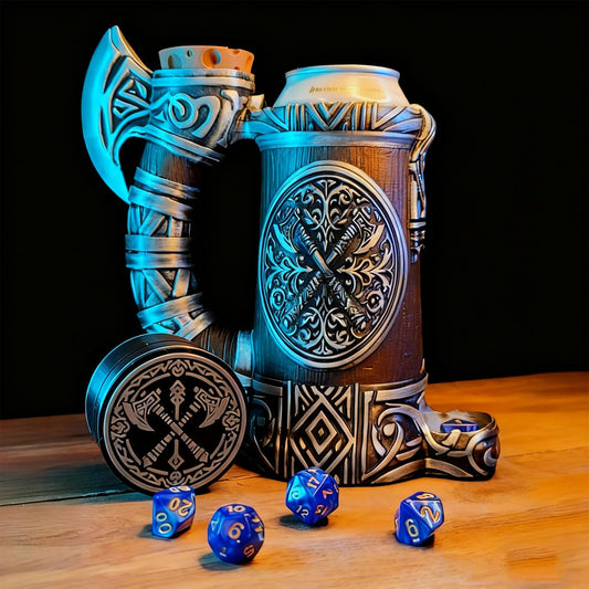 TCGADVN DND mug dice tower with integrated storage and rugged finish.