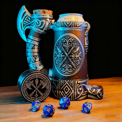 TCGADVN DND mug dice tower with integrated storage and rugged finish.