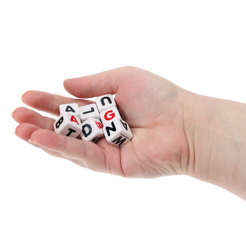 TDC Games Campbell's Alphabet Dice Game dice pieces and accessories laid out