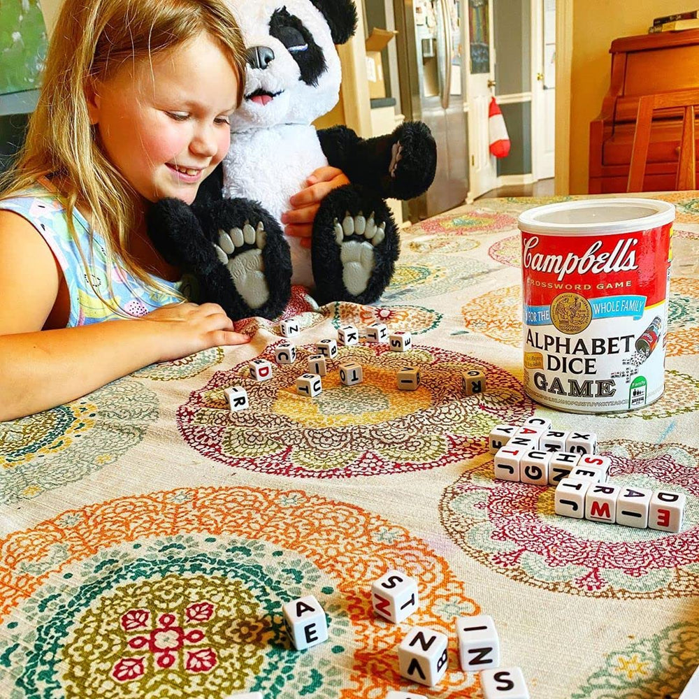 TDC Games Campbell's Alphabet Dice Game packaging highlights travel-friendly design
